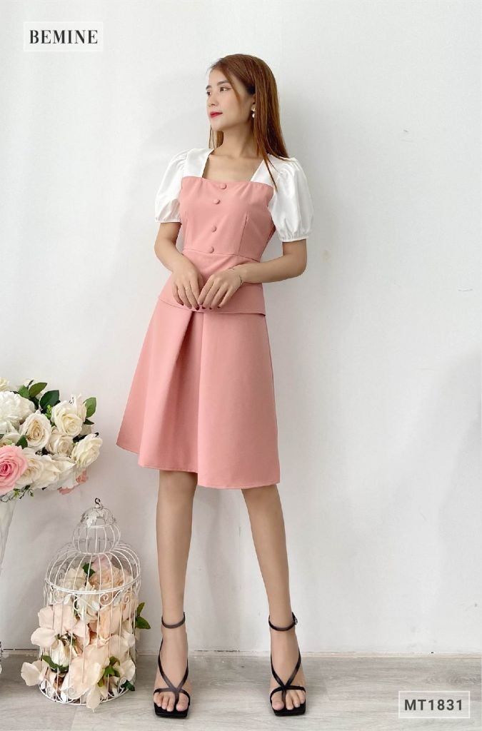 MT1831HONG - Đầm 2 tầng phối cổ nút bọc