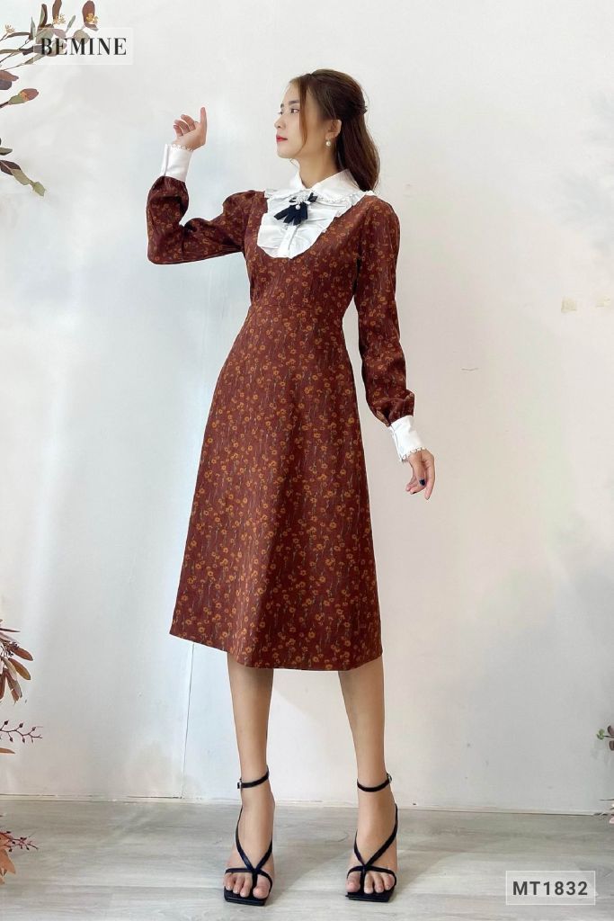 MT1832NAU - Đầm hoa tay dài cổ phối