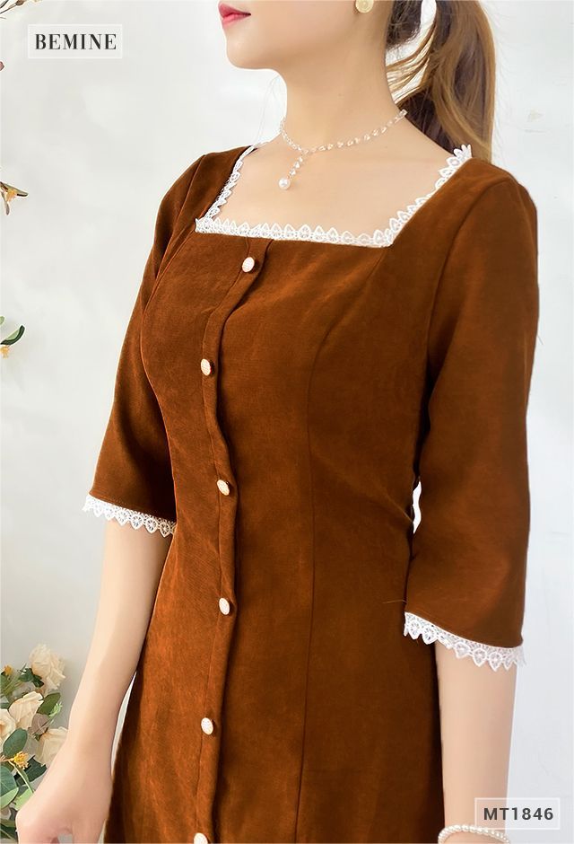 MT1846NAU - Đầm nhung đuôi cá 2 tầng phối ren