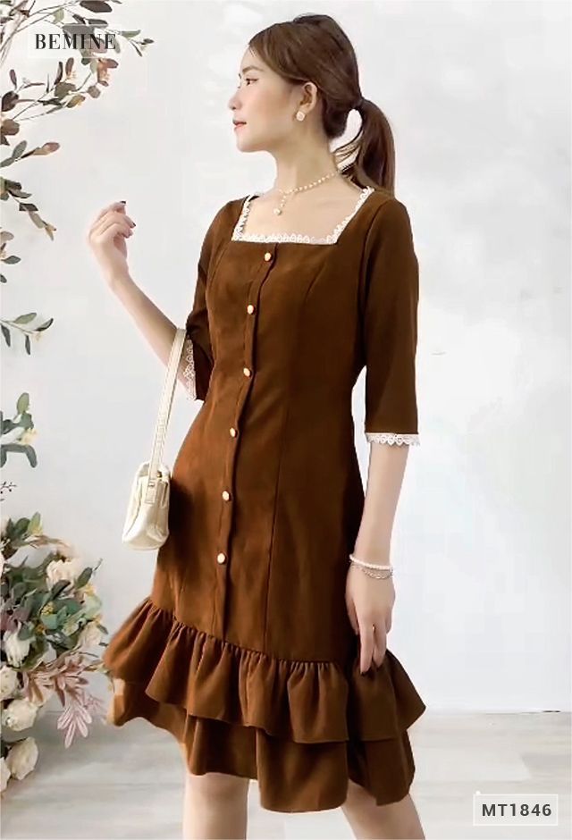 MT1846NAU - Đầm nhung đuôi cá 2 tầng phối ren