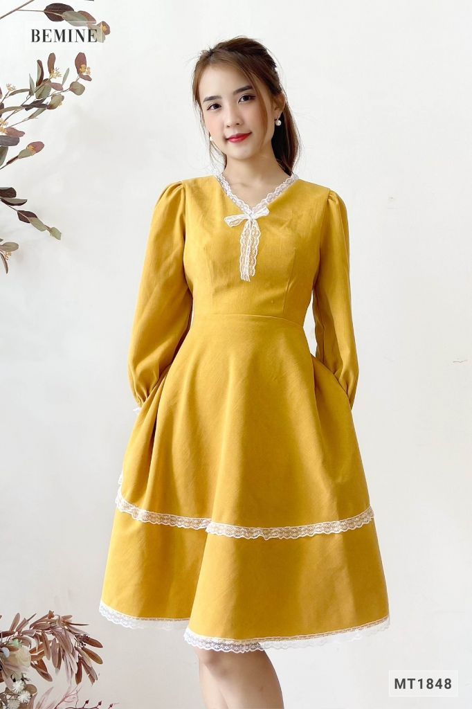 MT1848VANG - Đầm nhung 2 tầng phối voan