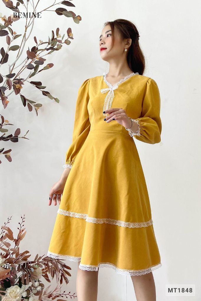 MT1848VANG - Đầm nhung 2 tầng phối voan