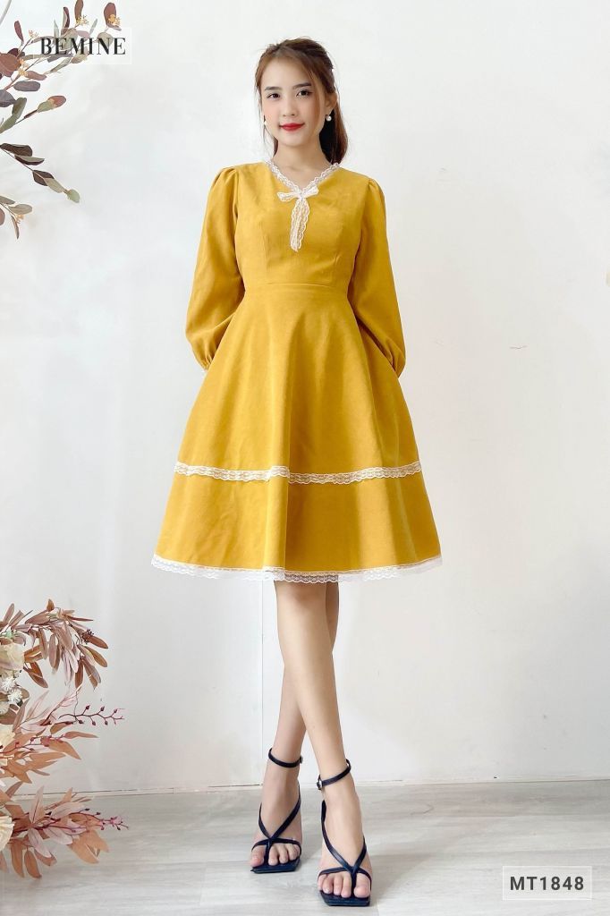 MT1848VANG - Đầm nhung 2 tầng phối voan