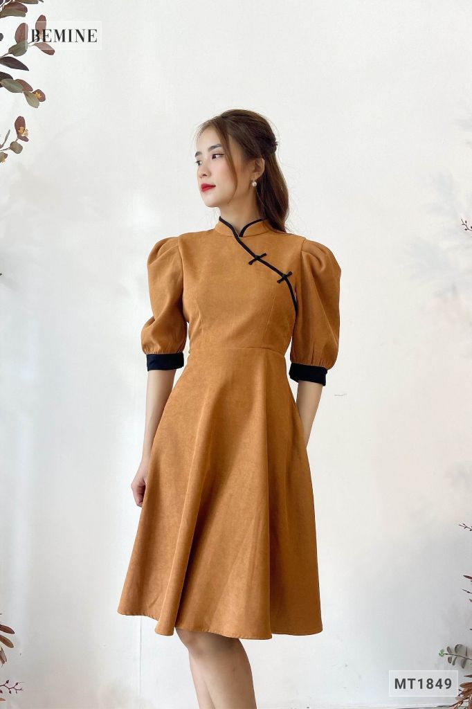 MT1849NAU - Đầm tay phồng mix sườn xám