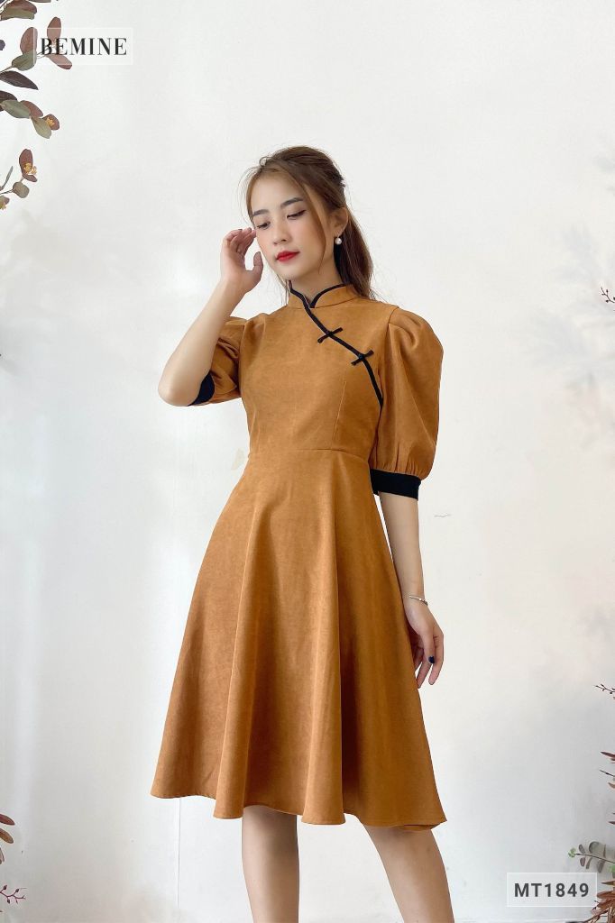 MT1849NAU - Đầm tay phồng mix sườn xám
