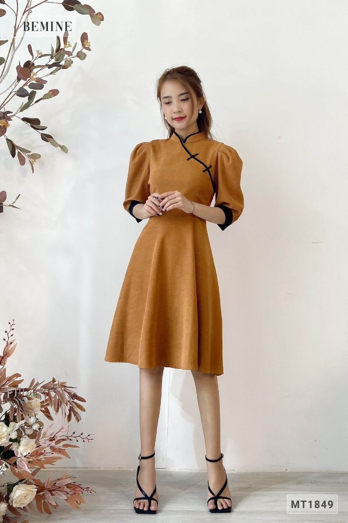 MT1849NAU - Đầm tay phồng mix sườn xám