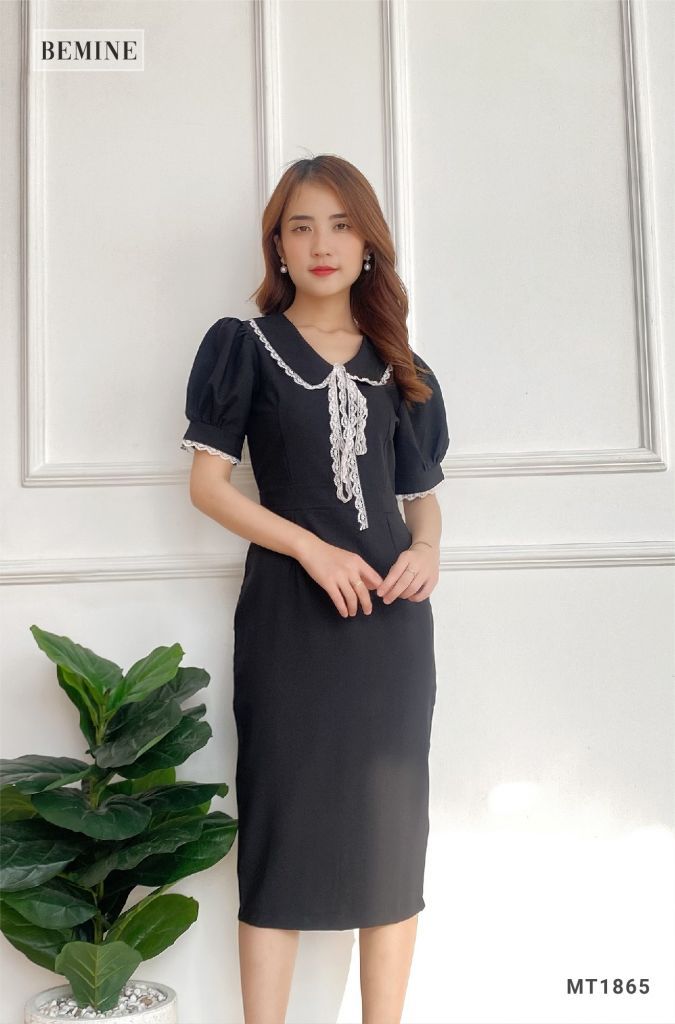 MT1856ĐEN - Đầm body cổ sen phối ren
