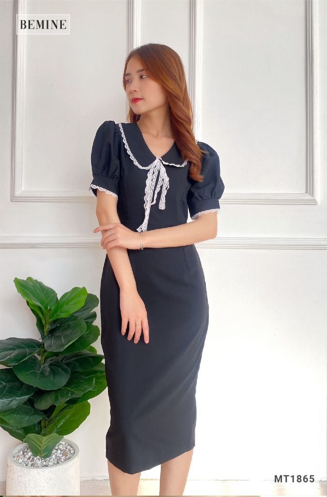 MT1856ĐEN - Đầm body cổ sen phối ren
