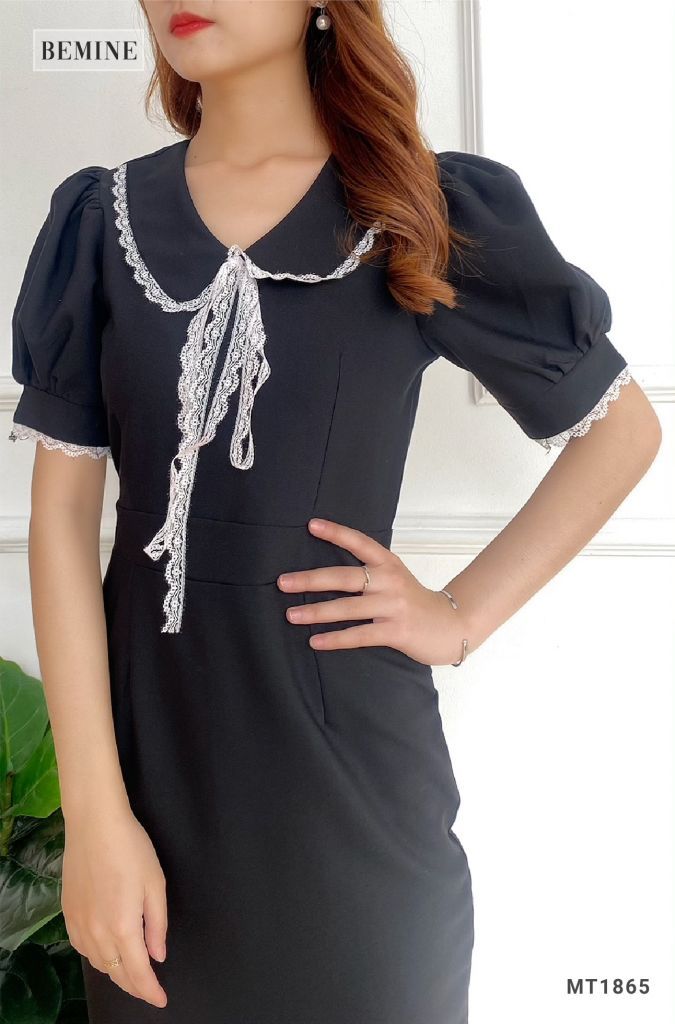 MT1856ĐEN - Đầm body cổ sen phối ren