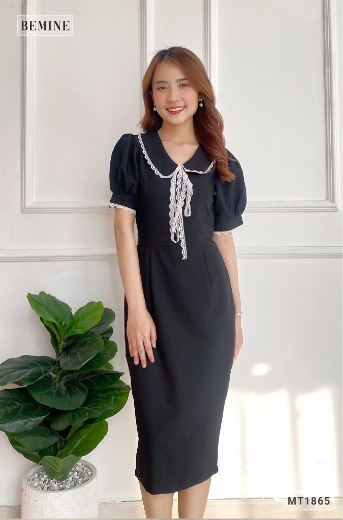 MT1856ĐEN - Đầm body cổ sen phối ren