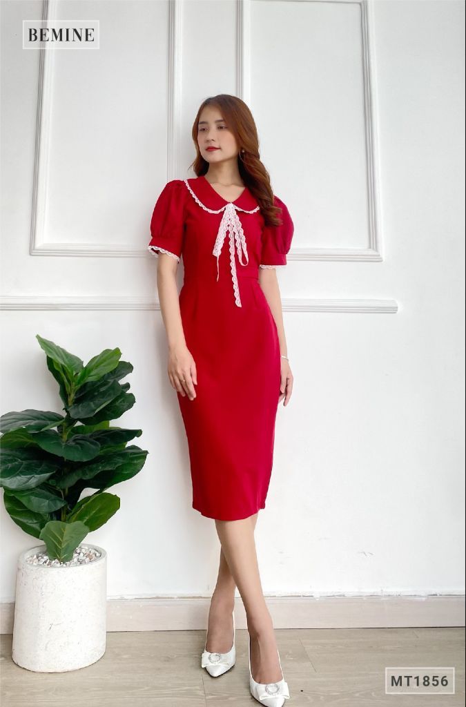 MT1856DO - Đầm body cổ phối ren