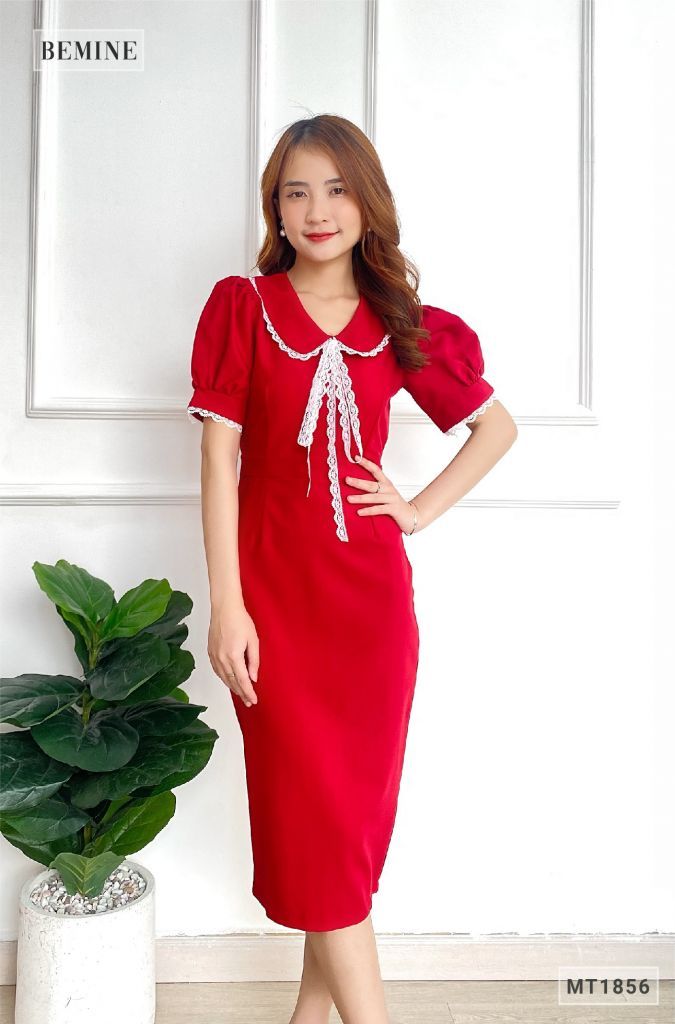 MT1856DO - Đầm body cổ phối ren