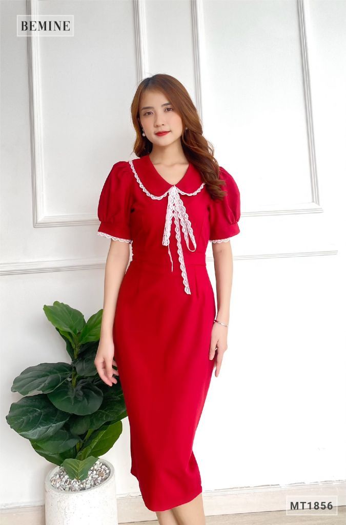MT1856DO - Đầm body cổ phối ren