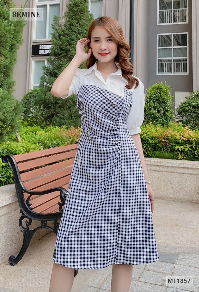 MT1857ĐEN - Đầm caro cúp ngực phối cổ sơ mi