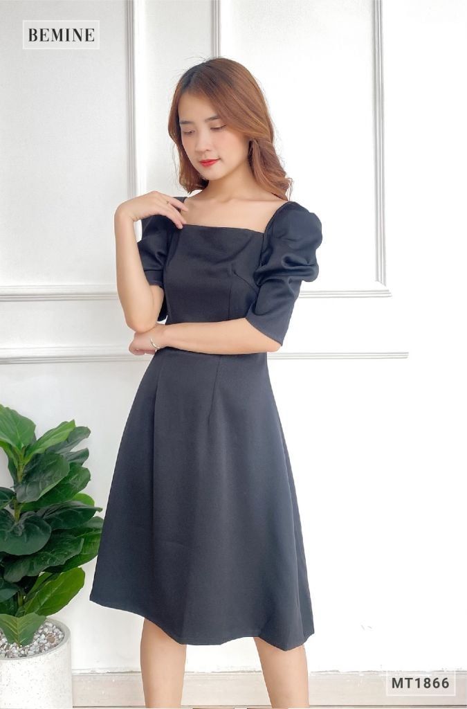 MT1866ĐEN - Đầm đen tay phồng nhún
