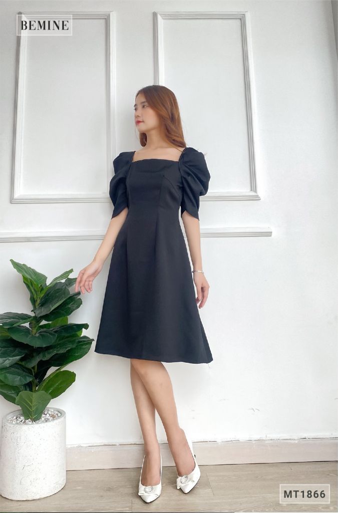 MT1866ĐEN - Đầm đen tay phồng nhún
