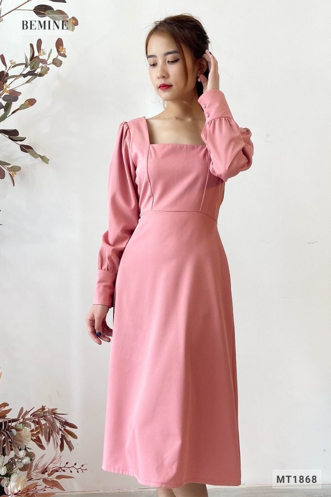 MT1868HONG - Đầm suông cổ vuông tay dài