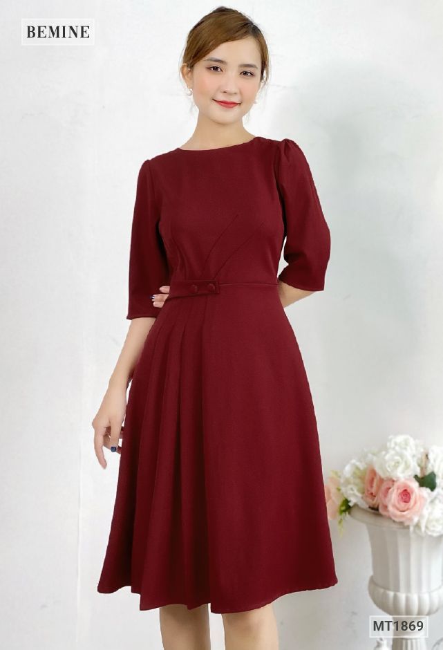 MT1869DO - Đầm xếp ly tay tửng nút eo