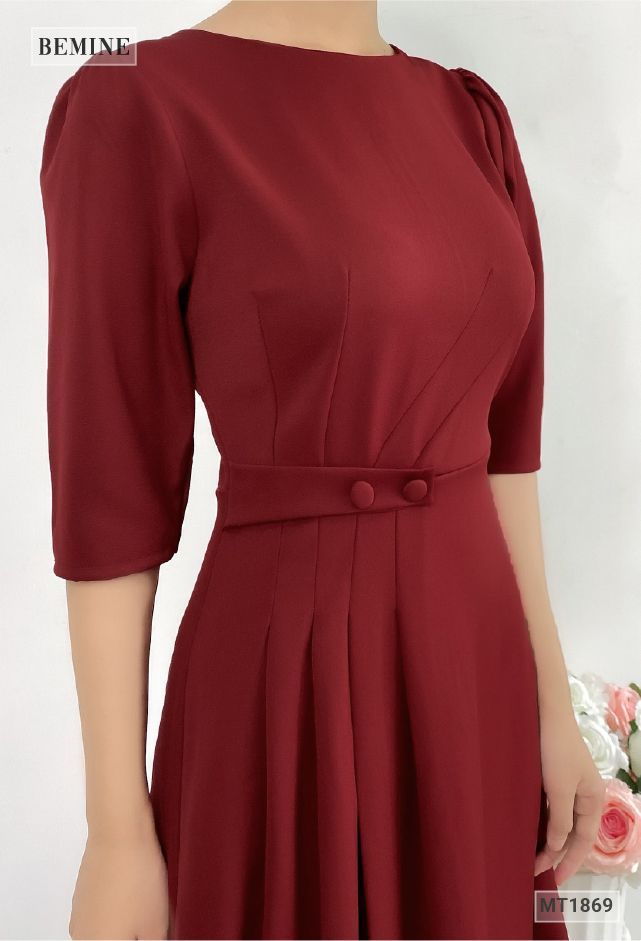 MT1869DO - Đầm xếp ly tay tửng nút eo