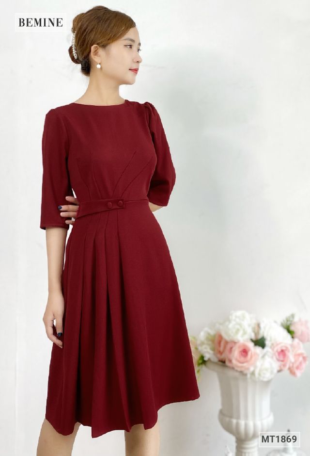 MT1869DO - Đầm xếp ly tay tửng nút eo