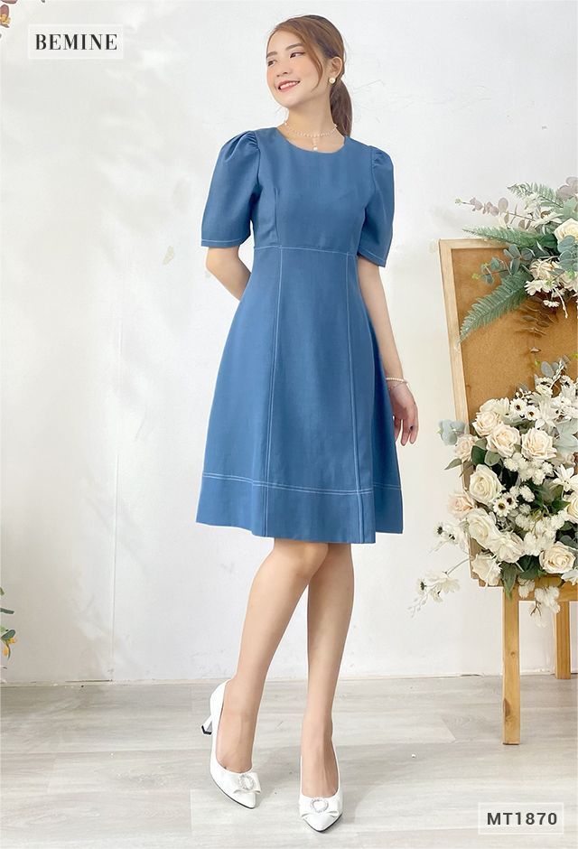 MT1870XANH - Đầm suông cổ tròn tay xếp ly