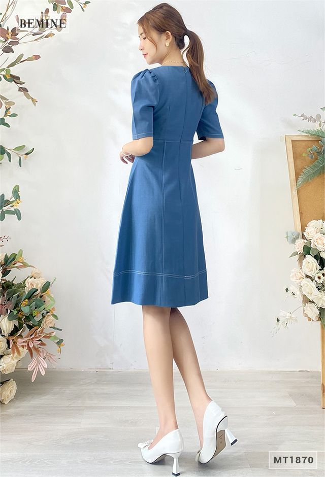 MT1870XANH - Đầm suông cổ tròn tay xếp ly