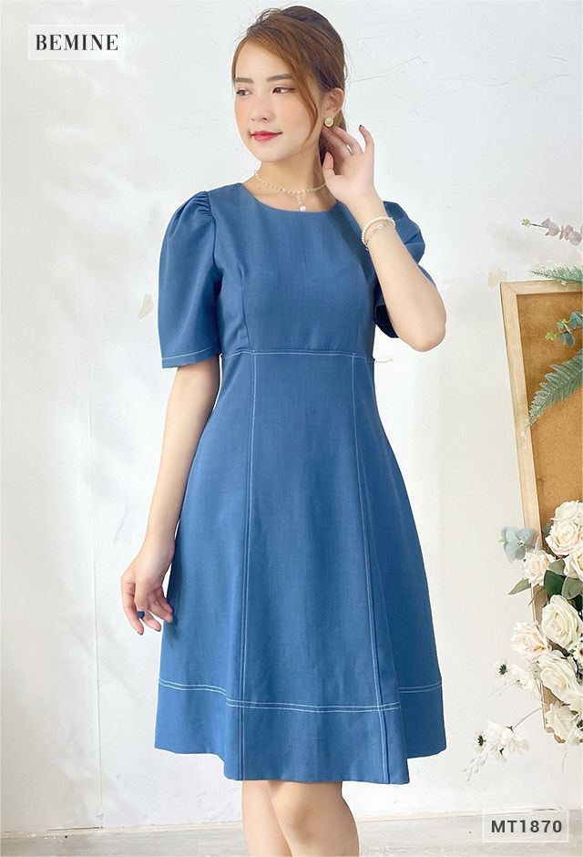 MT1870XANH - Đầm suông cổ tròn tay xếp ly