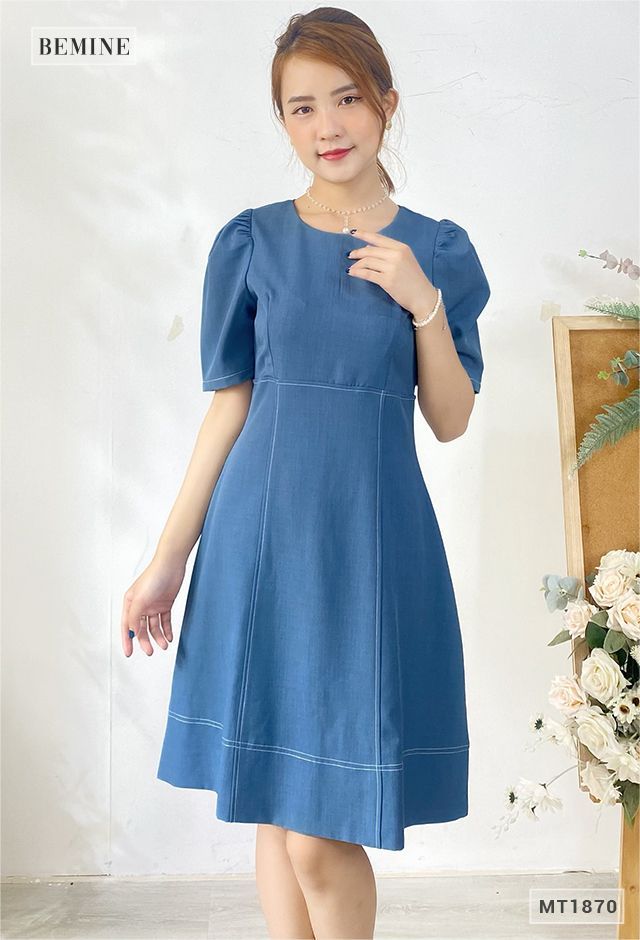 MT1870XANH - Đầm suông cổ tròn tay xếp ly