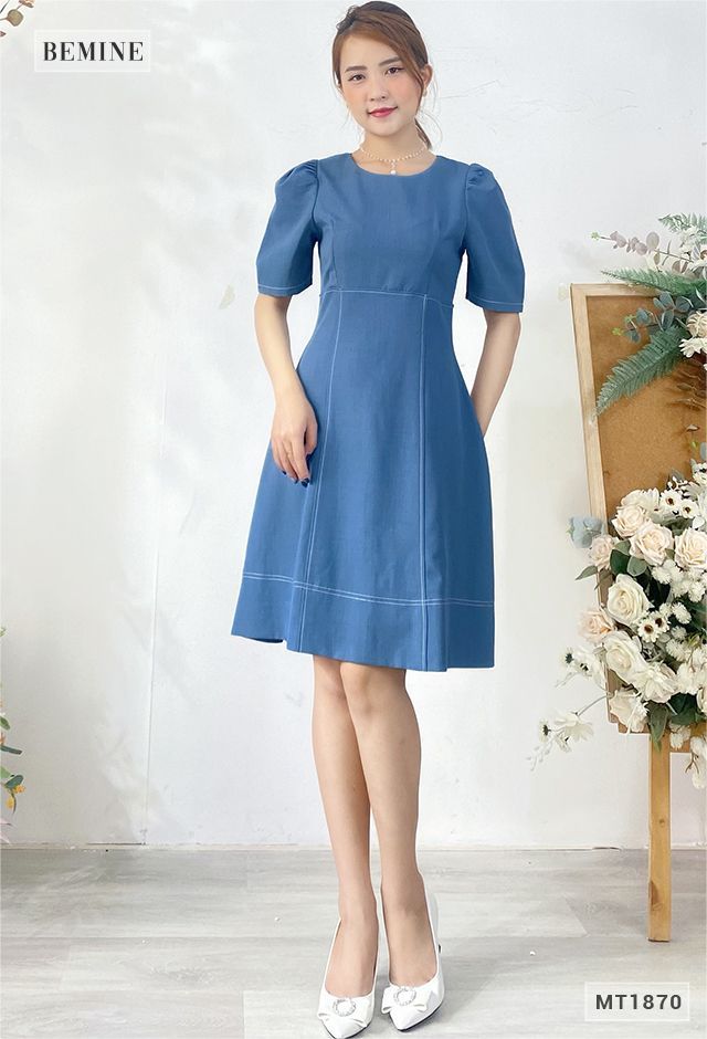 MT1870XANH - Đầm suông cổ tròn tay xếp ly