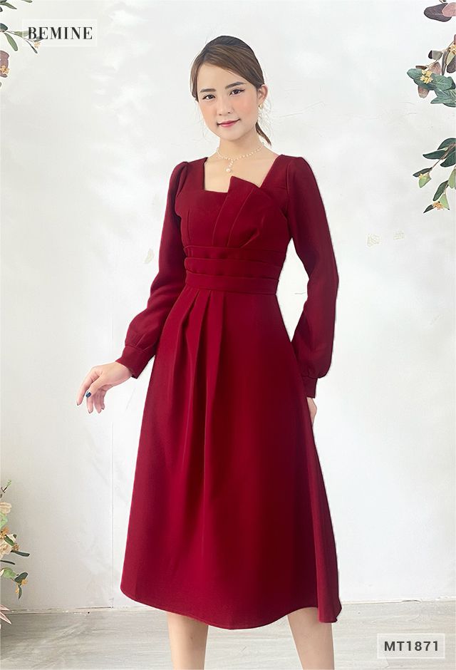 MT1871DO - Đầm tay dài xếp ly tầng eo