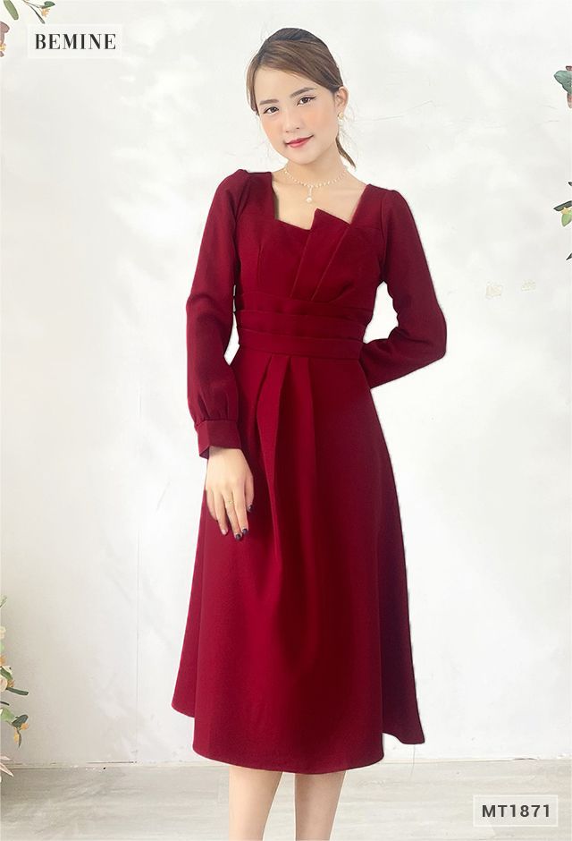 MT1871DO - Đầm tay dài xếp ly tầng eo