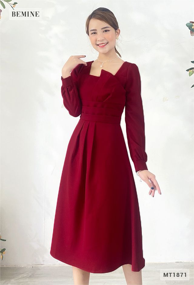 MT1871DO - Đầm tay dài xếp ly tầng eo