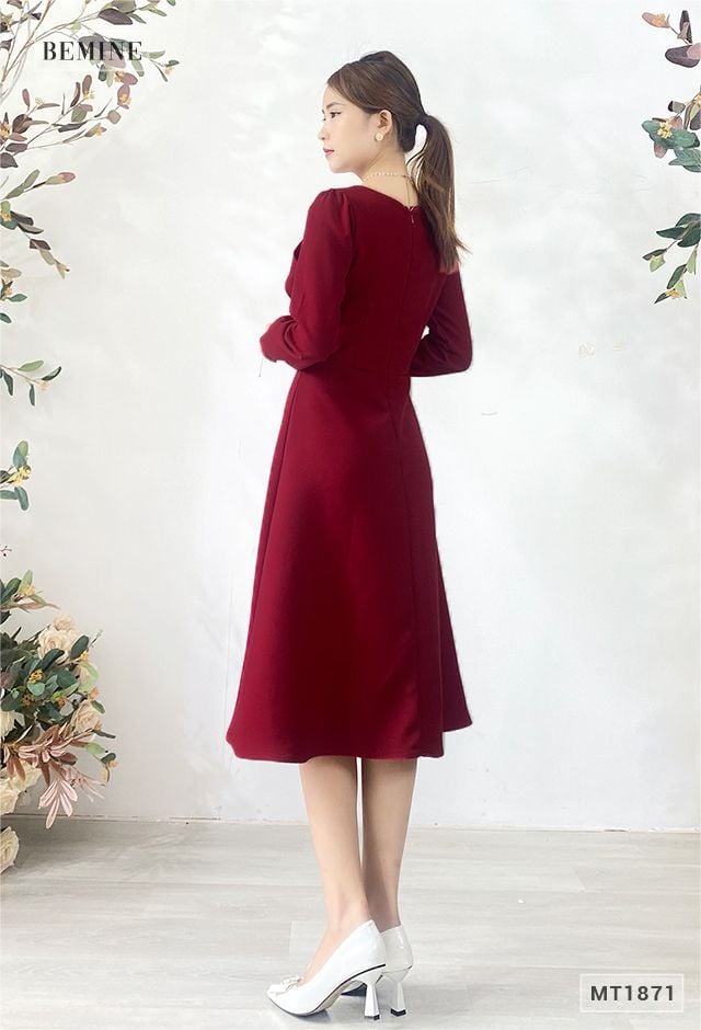 MT1871DO - Đầm tay dài xếp ly tầng eo