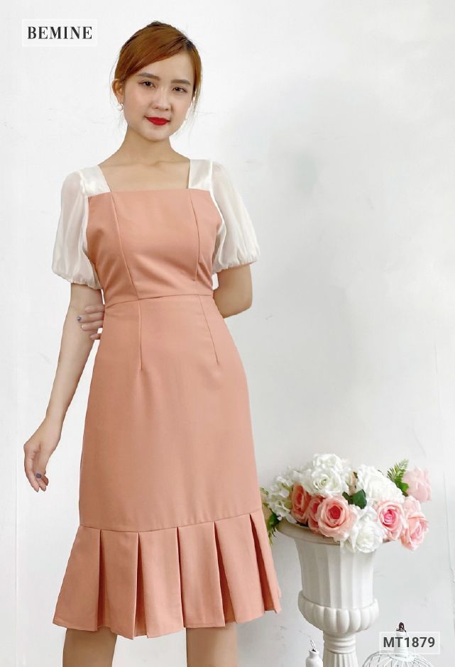 MT1879DA - Đầm đuôi cá tay phối trắng