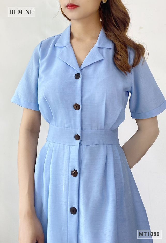 MT1880XANH - Đầm cổ vest đai eo nút dọc