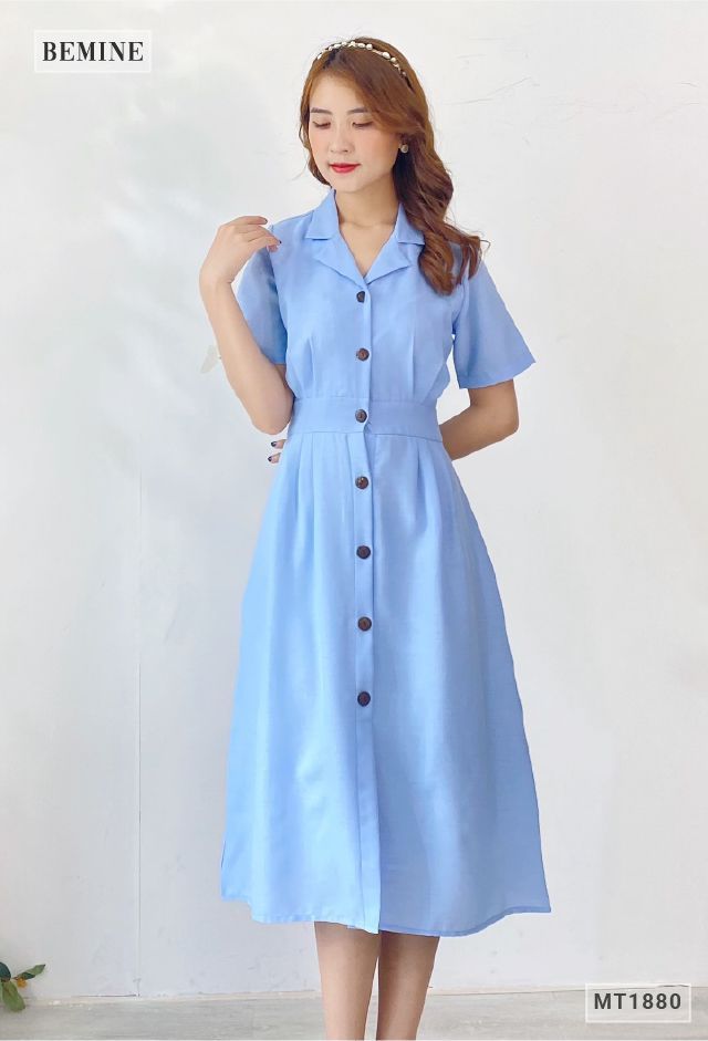 MT1880XANH - Đầm cổ vest đai eo nút dọc