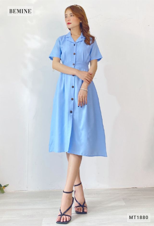MT1880XANH - Đầm cổ vest đai eo nút dọc