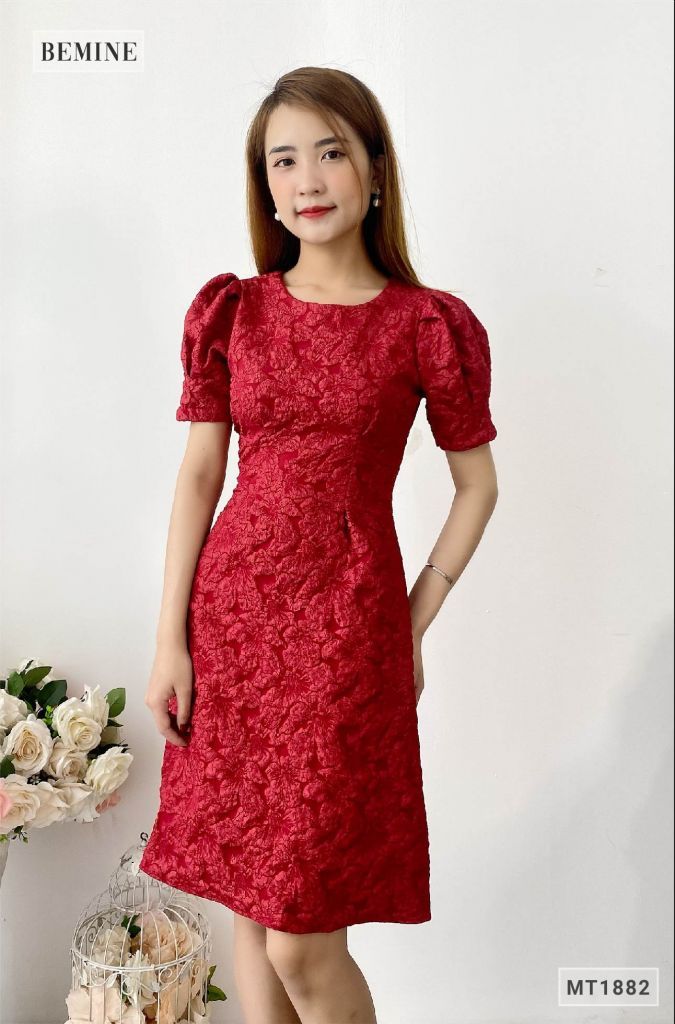 MT1882DO - Đầm thanh lịch tay bồng ly eo
