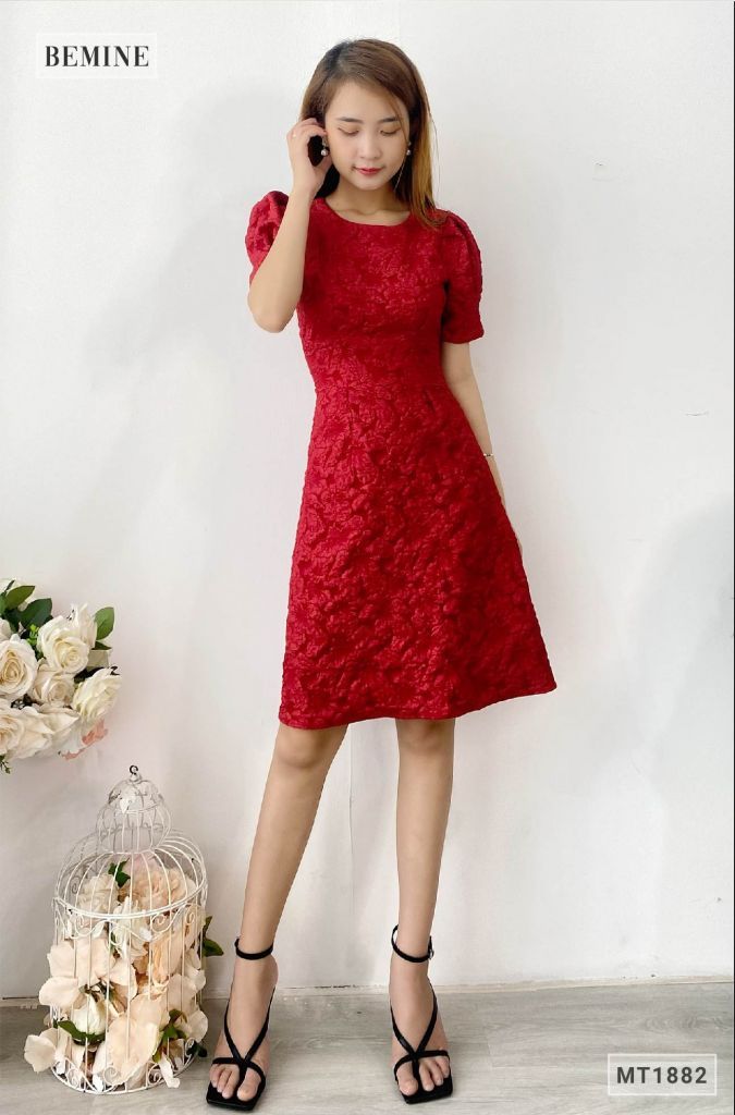 MT1882DO - Đầm thanh lịch tay bồng ly eo