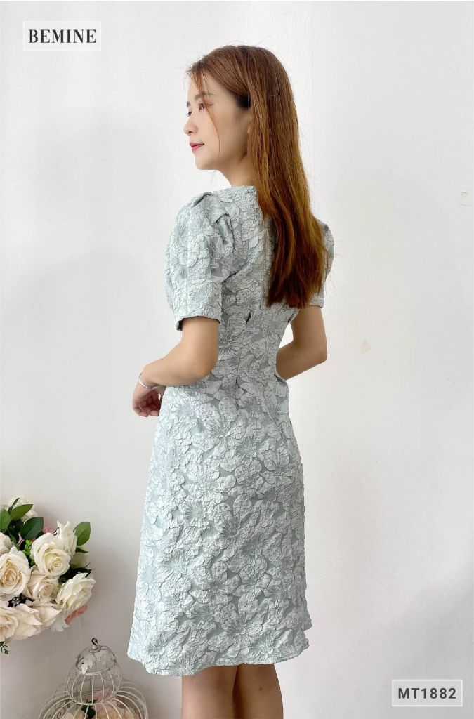 MT1882XANH - Đầm thanh lịch tay bồng ly eo