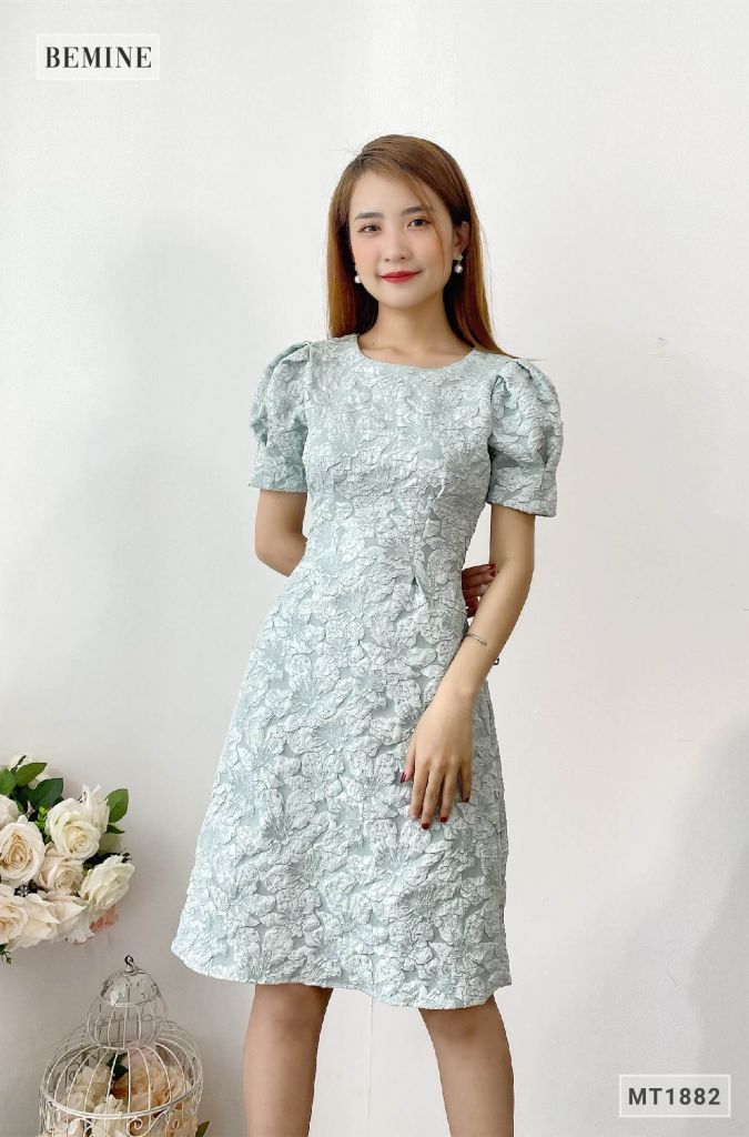 MT1882XANH - Đầm thanh lịch tay bồng ly eo