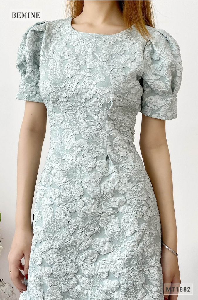 MT1882XANH - Đầm thanh lịch tay bồng ly eo