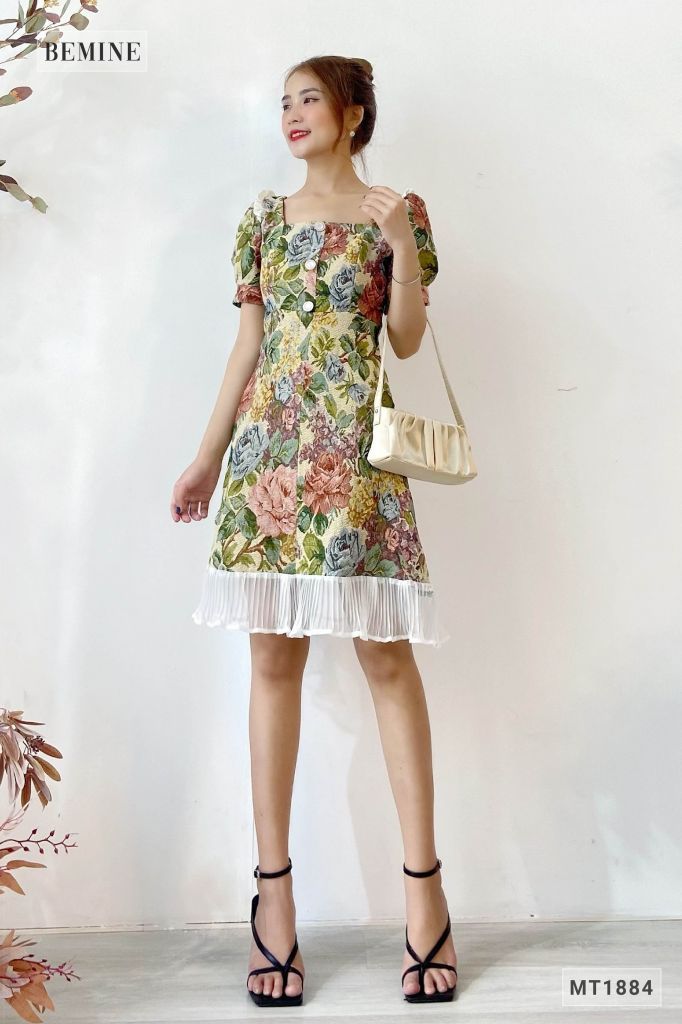 MT1884XANH - Đầm bông phối đuôi cá dập ly