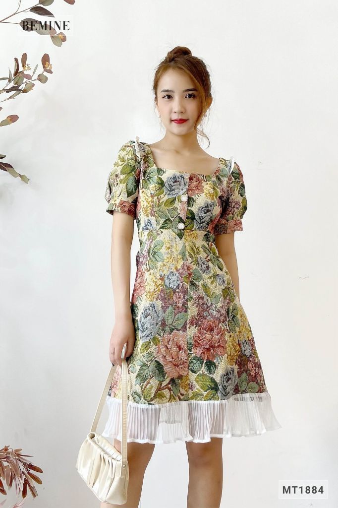 MT1884XANH - Đầm bông phối đuôi cá dập ly