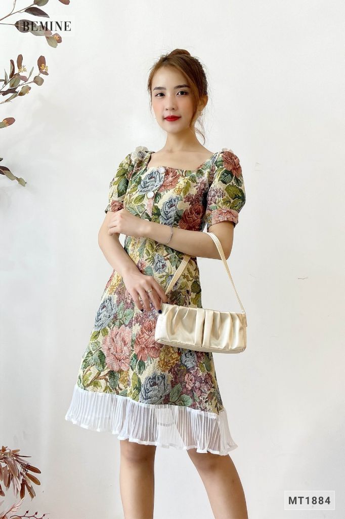 MT1884XANH - Đầm bông phối đuôi cá dập ly