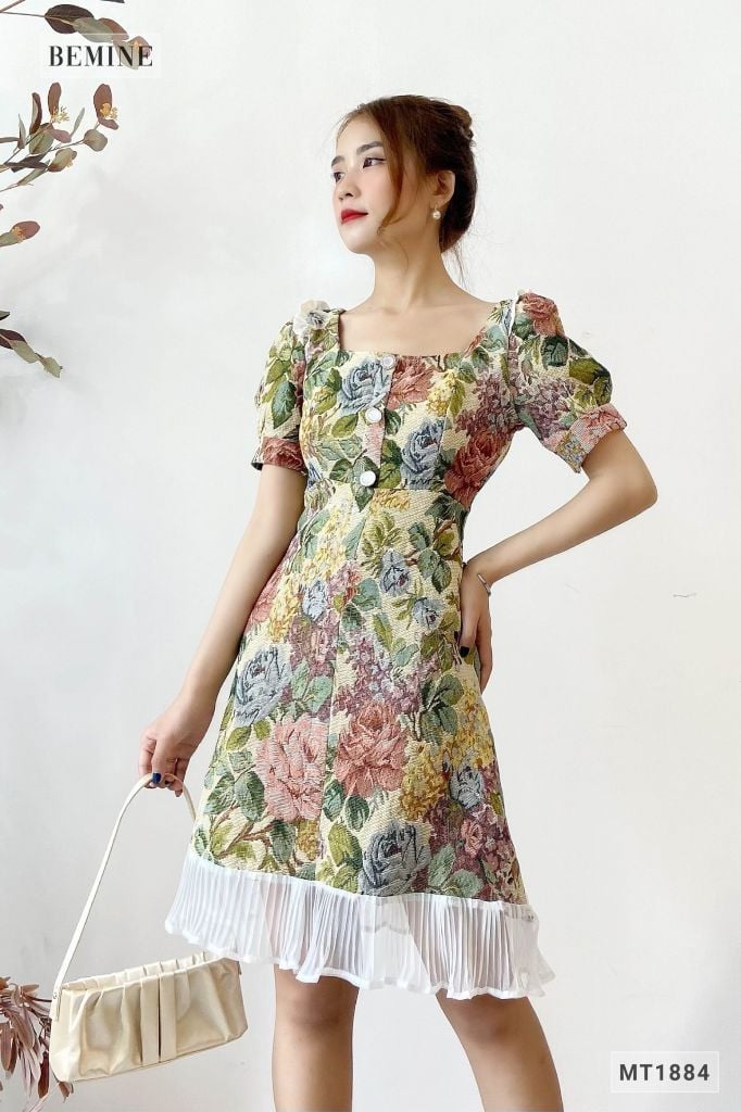 MT1884XANH - Đầm bông phối đuôi cá dập ly