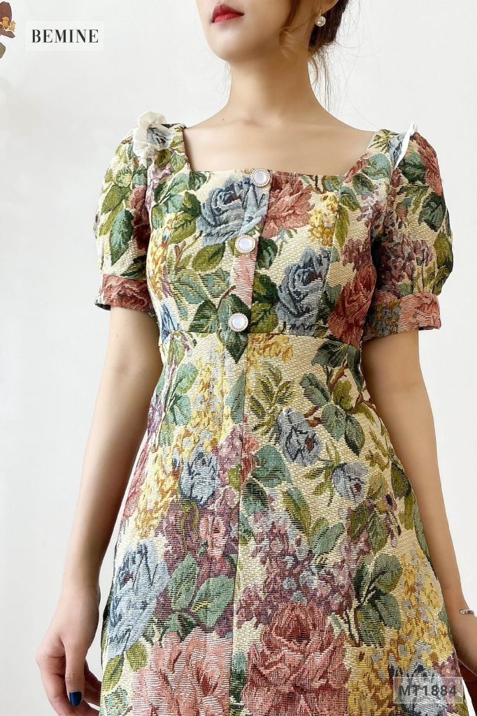 MT1884XANH - Đầm bông phối đuôi cá dập ly