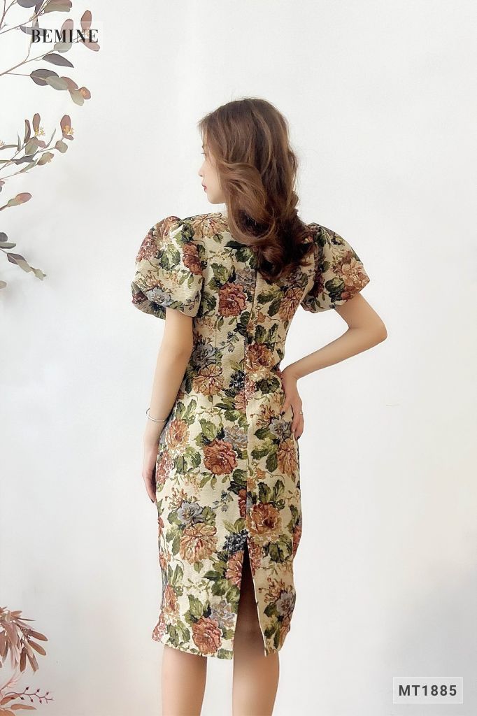 MT1885NAU -Đầm tay bồng bút chì sẻ tà