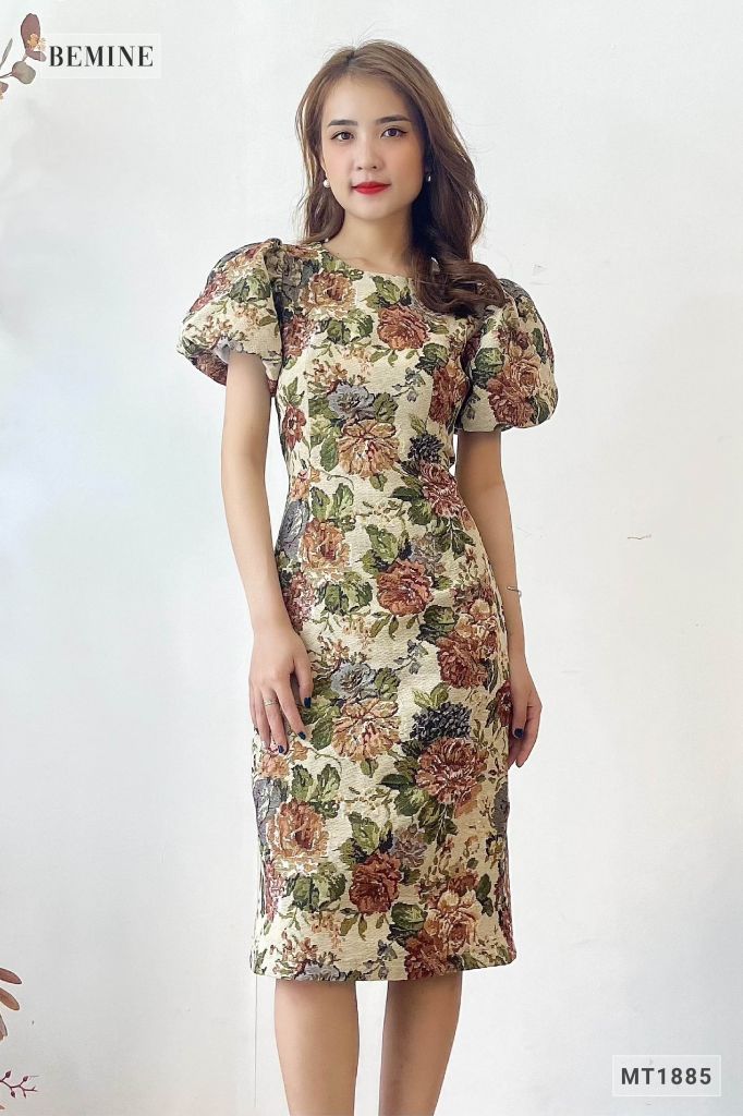 MT1885NAU -Đầm tay bồng bút chì sẻ tà