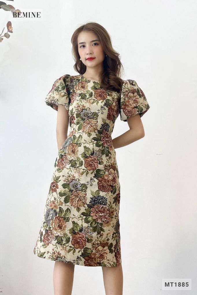 MT1885NAU -Đầm tay bồng bút chì sẻ tà